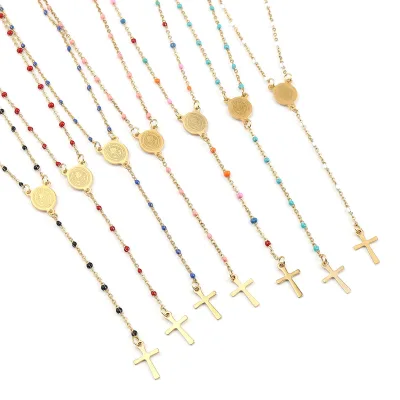 Vintage Christian Cross Pendant Necklace Religious Rosary Religious Blessed Jesus and Holy Mother Necklace Jewelry