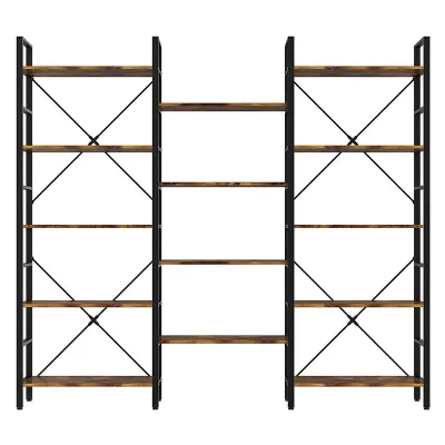 Triple Wide 5-Tier Industrial Wooden Storage Display Bookcase Space Saving Floor Standing Multifunctional Utility Shelf