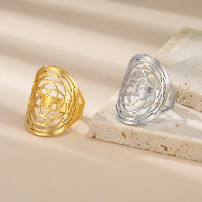 Rose of Venus Flower Rings for Women Stainless Steel Adjustable Finger Rings Sacred Geometry Jewelry Symbolic Love