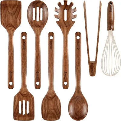 8-Piece Teak Wood Kitchen Utensils Set Nonstick Durable Cookware | Includes Spatula Slotted Solid Spoons Pasta Server Whisk for