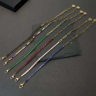 2023 New Colorful Zircon Gold Plated Alloy Bracelet Women's Fashion Hip Hop Tennis Chain INS Design Chain Bracelets Wholesale