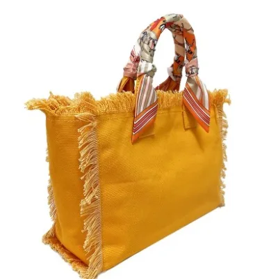 Spring Summer New Trendy Denim Blue Canvas Fringe Tote Bag with Scarf