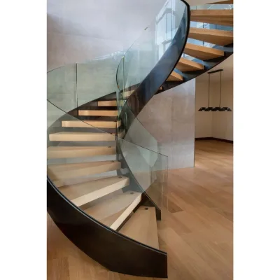 Modern Cantilever Curved Stair Solid Wood Tread Curved Black Steel Beam Side Mount Tempered Glass Railing Customized Staircase