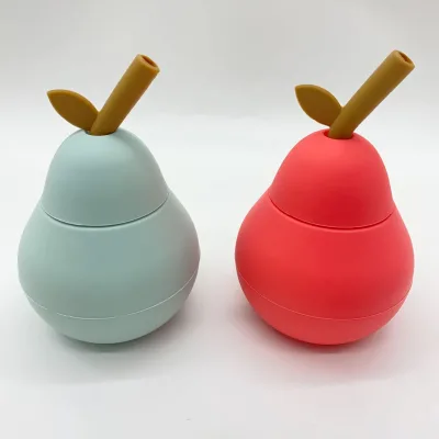 Silicone Pears Cup with Straw, Cute Silicone Mini Pear Cup, Lovely Silicone Pear Kids Cup with Straw, Sippy Silicone Pear Mug