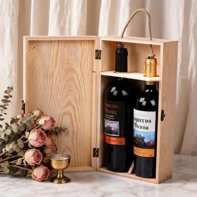 Custom Wooden Wine Box With Handle for 2 Bottles Eco Friendly Pine Wood Gift Packaging With Hinge and Rope Carry Design