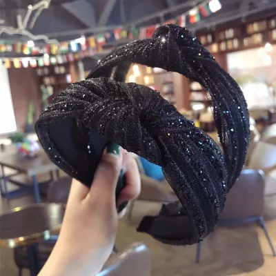 Korean Hair Accessories Black Diamond Knot Headband Super Flash Fabric Wide Headband for Women