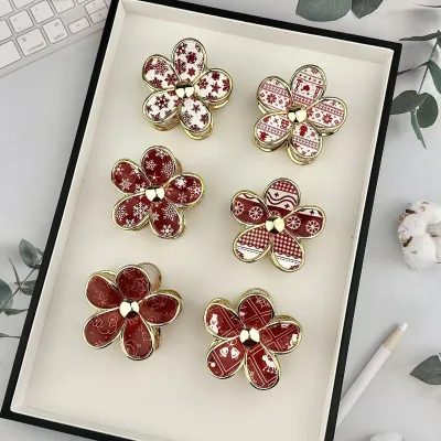 Christmas Limited Colorful Retro Patterned Premium Plastic Flower Hair Claws-Daily Use 8cm Festive Hair Accessories
