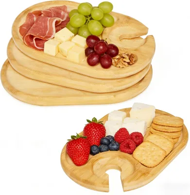 Vintage Rust Resistant Wine Appetizer Plates & Charcuterie Serving Platters with Built-in Cup Holder Wood Material