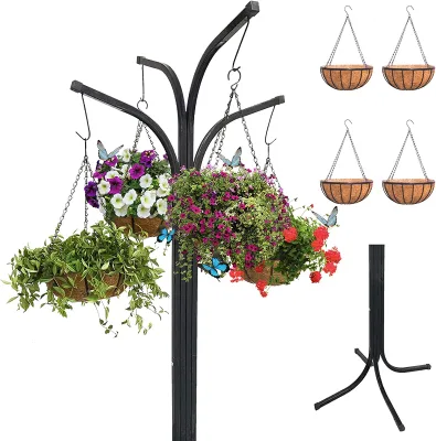 68 Inch Tall Metal Hanging Plant Pot Bracket with 4 Sets Metal Hanging Baskets for Patio, Garden, Yard