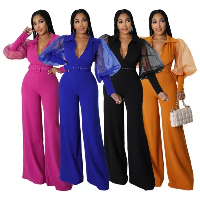 Autumn V-neck Mesh Puff Sleeve Women's Jumpsuits Temperament Personality Loose Flare One Piece Jumpsuit for Women