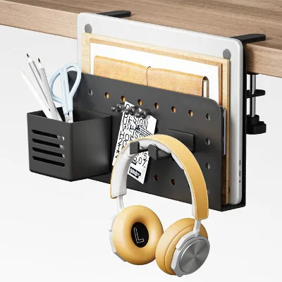 No Drill Metal Office Desk Side Storage Rack Notebook Paper Organizer Laptop Holder Clamp Desk Shelf for Stationary Holders
