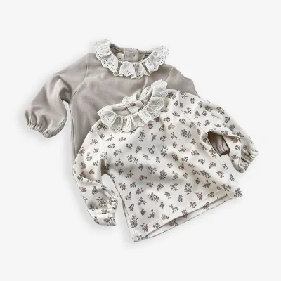 Autumn New Baby Cotton Soft Comfortable Top Baby Lace Collared Solid T-Shirt Top High Quality