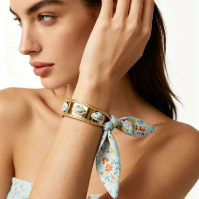 Bohemian Floral Polka Dot Open Cuff Bangle 18K Gold Plated Stainless Steel Silk Scarf Bracelet Wholesale Women Jewelry