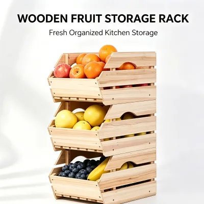 3 Pack Stackable Wooden Produce Storage Basket, Wood Organizer Baskets for Kitchen Pantry, Potato Onion Storage Crates