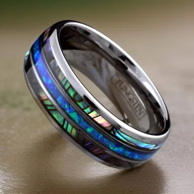Abalone Tungsten Ring with Blue Hawaiian Opal, the Hawaii Wedding Ring
