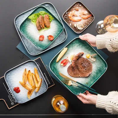Wholesale Luxury Green Irregular Bulk Ceramic Western Steak Plate Minimalist Eco-Friendly Plant Patterned Food for Hotel