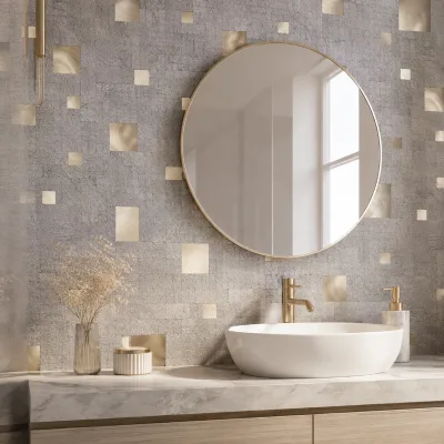 Self Adhesive Square Stone Look Mosaic Wall Tile with Brushed Metal for Hotel Apartment Homestay Interior Decoration