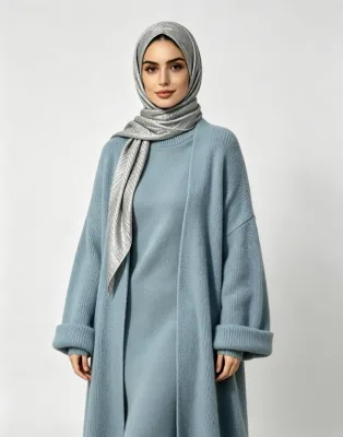 YHE079 Modest Muslim Women Blue Knit Two Piece Set Long Cardigan and Inner Dress Set Modest Casual Two Piece Dress Set