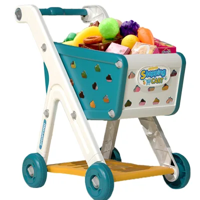 Four-wheel Home Supermarket Toy Set Plastic Kids Vegetable Pretend Play Mini Kitchen Storage Shopping Trolley Cart for Groceries