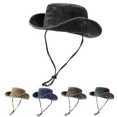 Washed Denim Striped Bucket Hat for Outdoor Hiking Camping Fishing-Sun-Protective Wide-Brimmed Unisex Cap Faded Cotton