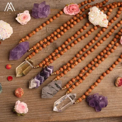 Crystal Mala Necklace , Sandalwood Beads , Healing Quartz Double Point Pendant Necklaces Gift