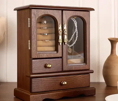High Quality Wooden Jewelry Box with 2 Drawers and 2 Doors Organizer Necklace Ring Earring Storage Gift Case