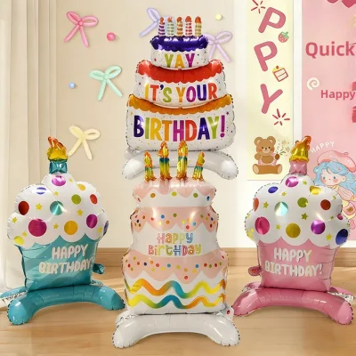 New Large Standing Cartoon Aluminum Film Cake Balloon for Birthday & Mother's Day Party Backdrop Decoration for Boys & Girls