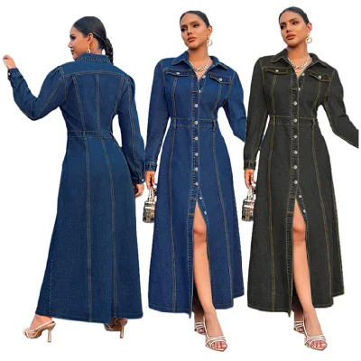 X883 High Quality Washed Denim Jeans Dresses Women's Elegant Long Sleeve Button Front A-Line Silhouette Ankle-Length Office