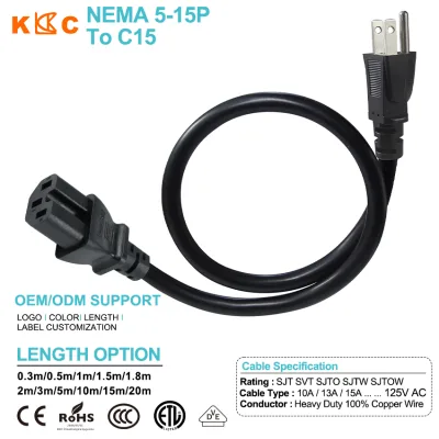 US NEMA5-15P Male to C15 Female IP11 Rated Power Cable for Home Appliance & Computer Use