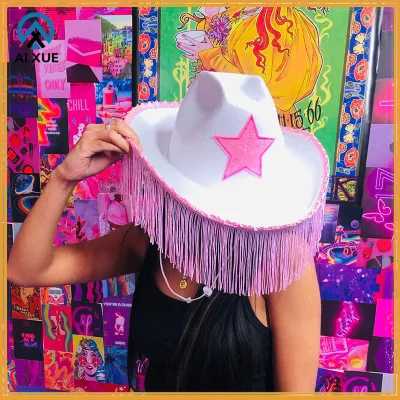 White Unisex Cowboy Hat Pink Sequins Star Adjustable Neck-String Plain Felt Play Costume Accessories for Themed Party Dress-Up