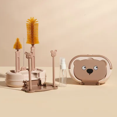 Baby PP Bottle Cleaning and Drying Set with Cartoon Pattern Portable Nipple Brush and Silicone Brush