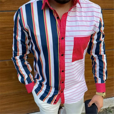 RNSHANGER New Striped Digital Print Long Sleeve Shirt Men Casual Shirt Single-breasted Lapel Cardigan Top Brand Shirts
