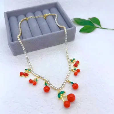 CH-LHN1431 Trendy Cherry/Heart CZ Tennis Necklace Enamel Heart Pendant Tennis Necklace Wholesale Cherry Charm Tennis Necklace