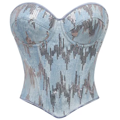 New Arrival Glam Sequined Denim Textured Fabric Boned Panel Body Shaper Hourglass Sweetheart Neck Women Corset