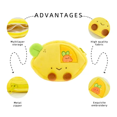 Novedades Kawaii Yellow Lemon Plush Coin Purse Korean Style Girls Soft Fluffy Card Holder Zipper Coin Wallet