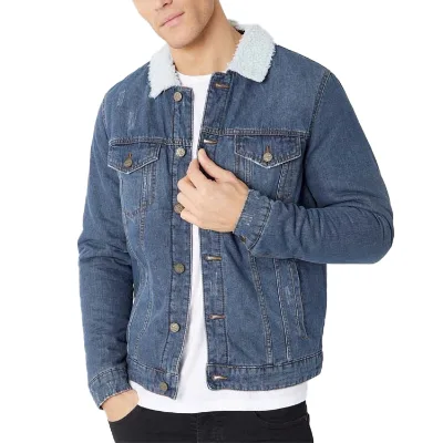 High Quality Winter Fur Lining Mens Fur Collared Buttons up Denim Jacket
