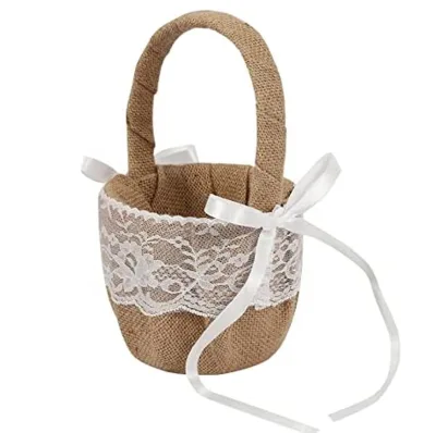 Jute Burlap Basket Wedding Flower Jute Roses Rustic With Lace