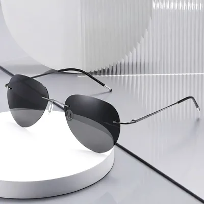 Fashion Pilot Rimless Photochromic Polarized Sunglasses Men Women Ultra Light Titanium UV400 Driving Travelling Outdoor Shades