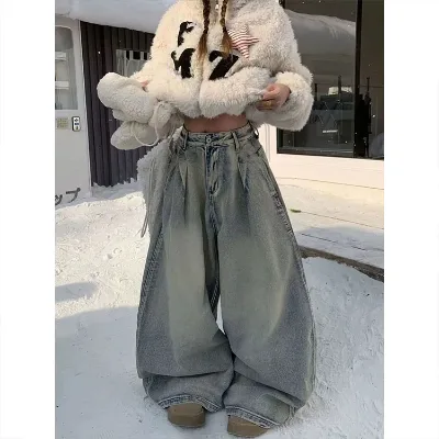 American Retro Y2K Hot Girl Women's Washed Distressed Stylish Design Sense Lazy Relaxed Curved Leg Floor-length Denim Jeans