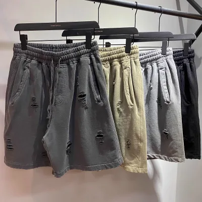 2023 Summer Vintage Distressed Acid Washed Shorts Custom Embroidery Cotton Fleece Jogger Shorts Men