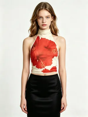 Women Sleeveless Turtleneck Halter Crop Top Hibiscus Floral Print Slim Fitted Tank Top Lace Hem Y2K Summer Vacation Casual Wear