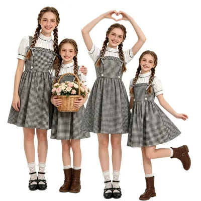 Women Vintage Gingham Spliced Midi Dress Farm Maid Puff Short Sleeve Plaid Suspender Dress Farm Maid Oktoberfest Halloween Dress