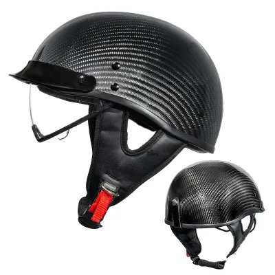 Retro Carbon Fiber Motorcycle Half Helmet Vintage Cruiser Chopper Skull Cap Moto Casco with Sun Visor