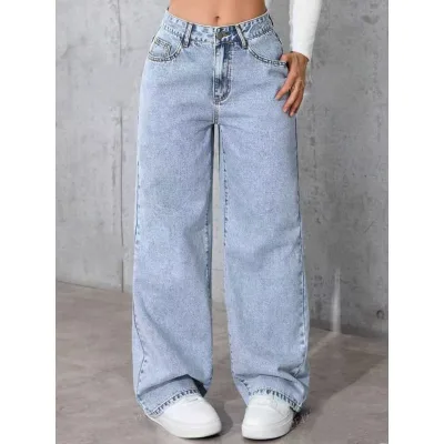 Women's Fashionable Loose Jeans Casual High Waist Solid Color Denim Pants Spring Summer New Wide Leg Trousers