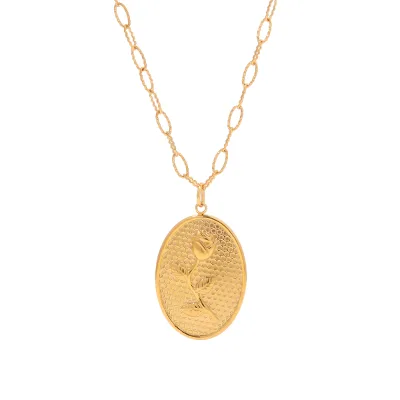 Classic Rose Pattern Oval Shape Pendant Necklace Steel Gold Plated Clavicle Chain