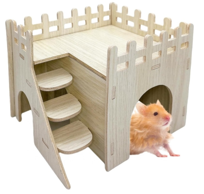 Hamster Maze Wooden House Hamster Hideout Hut Cage Accessories With Ladder and Platform for Syrian Hamsters