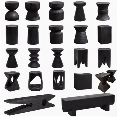 Nordic-style Minimalist Carbonized Wood Stool Low Bench Guesthouse Decor Creative Black Shoe-changing Step Stool Wabi-sabi