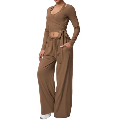 Solid Color Double-Sided Brushed Long Sleeve Top tank Top and Pants Three-Piece Set for Sports Running Fitness Yoga Set Woman