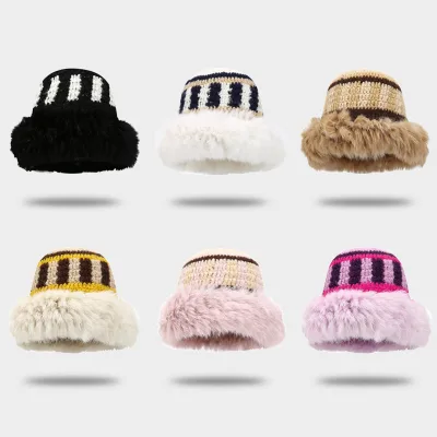 Winter Warm Striped Casual Travel Acrylic Bucket Hat Unisex Outdoor Soft Mix Color Knitted Beanie for Adults