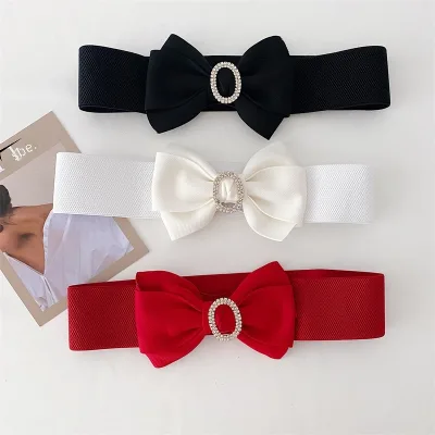 French-style High-end Diamond-studded Bow Belt Chic Sweet for Dresses Black Wide Elastic Waist Cincher 60-80cm for Women